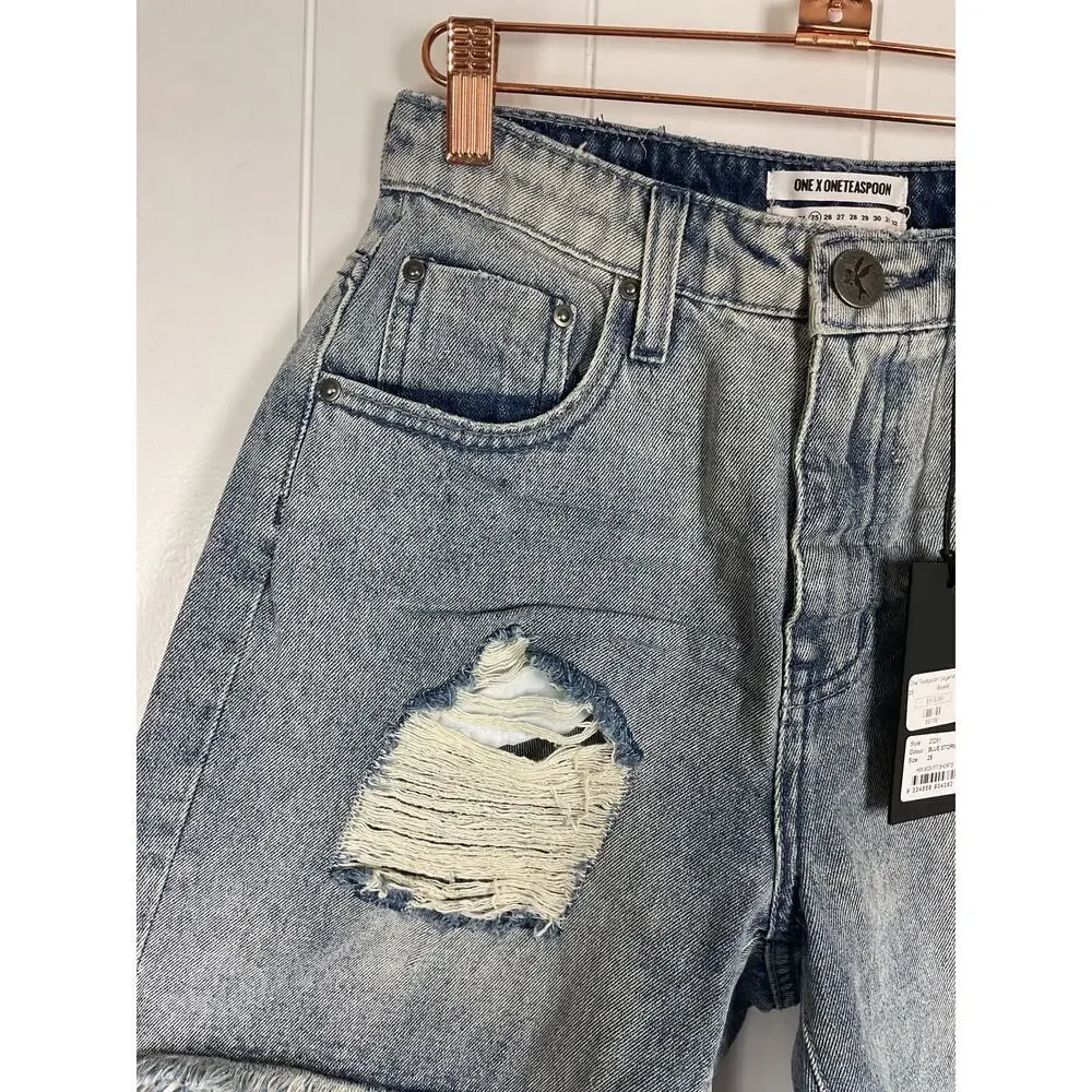 One‎ x One Teaspoon High Waist Mom Fit Intentionally Distressed Denim Shorts 25